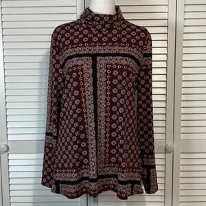 C Wonder Burgundy Cream Geometric Print Mock Neck Long Sleeve Blouse Women L